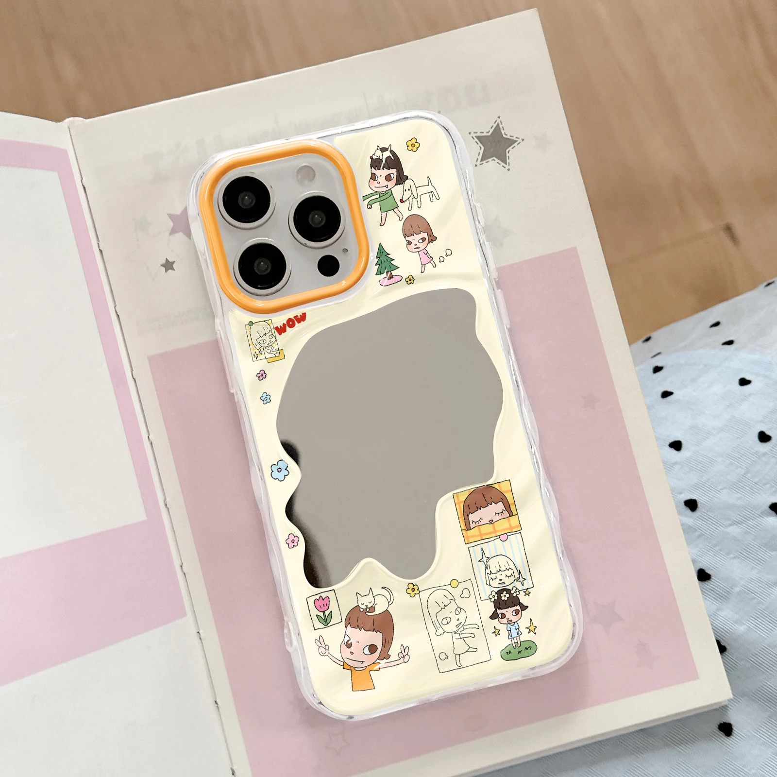 Simple Line Cartoon Girl Sticker Mirror Phone Cover, Clear Wavy All-in Orange Camera Frame TPU Case for All iPhone 11-17 Series - view 3