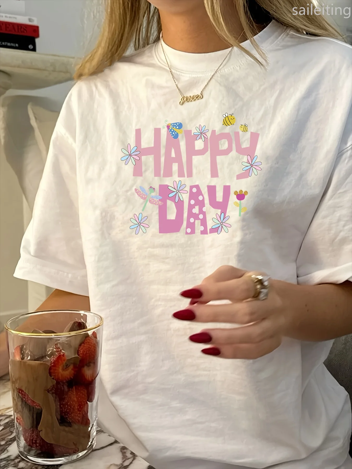 Women's Retro Crew Neck TShirt Geometric Print Short Sleeve Casual Top with Happy Days Summer Short Sleeved Harajuku Streetwear