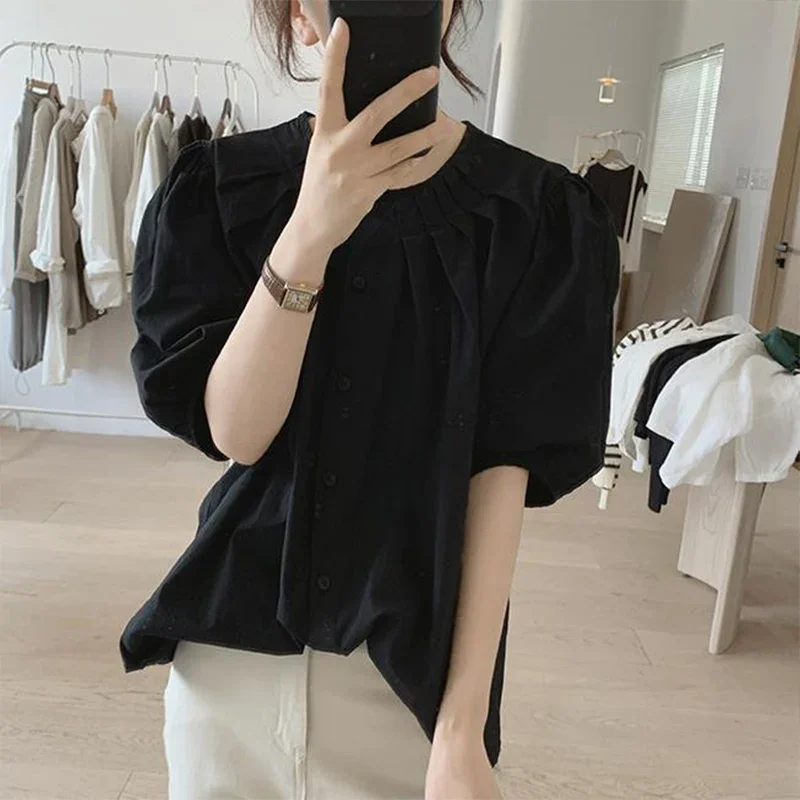 Casual Half Sleeve Bubble Sleeve Shirt for Women\'s Summer Loose Slimming Pleated Round Neck Niche Design Cotton Short Sleeve Top