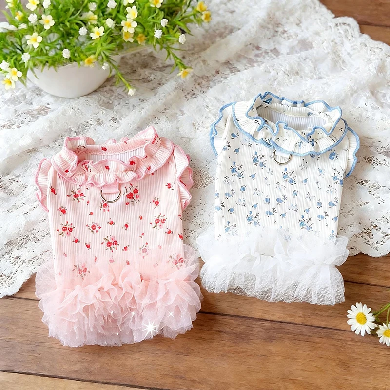 Mini Floral Summer Fancy Dresses for French Bulldog Ruffle Sleeve Pet Cat Overalls Multi Layered Veils Breathable Puppy Skirt