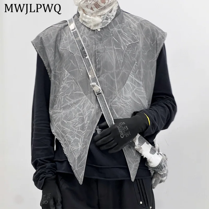 

MWJLPWQ Texture Design 2025 New Gray Striped Vest Men High Street Single Breasted Clothing Couples Tide Loose Casual Tops 11441