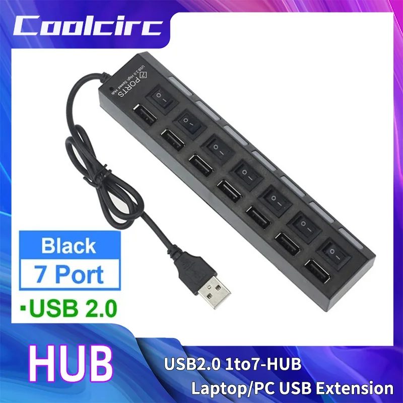 Coolcirc USB Hub 2.0 Hub USB Splitter Power Adapter 7 Port Multiple Expander 2.0 with Switch for PC Accessories