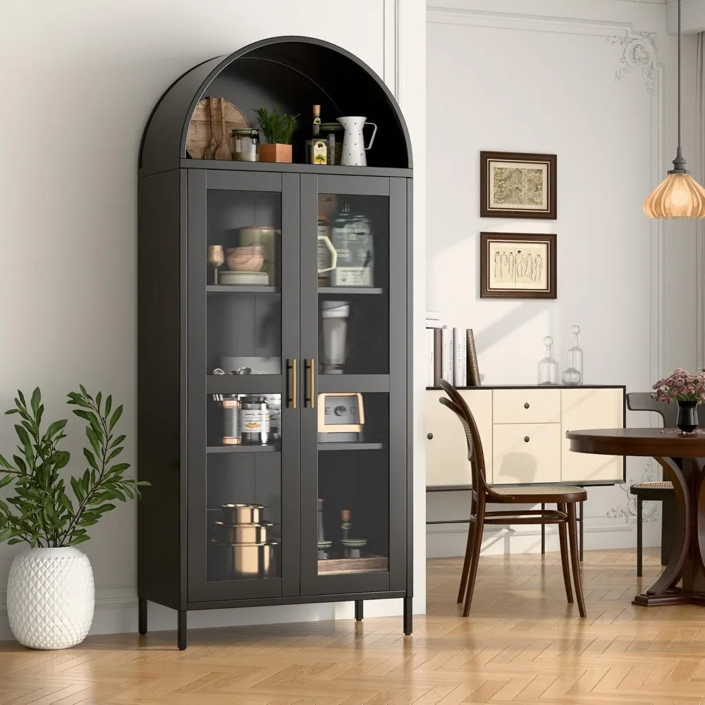 Arch Display Bookcase Cabinet, Modern Freestanding Arched Cabinet with Glass Doors/Shelves, Kitchen Pantry Storage Cabinet