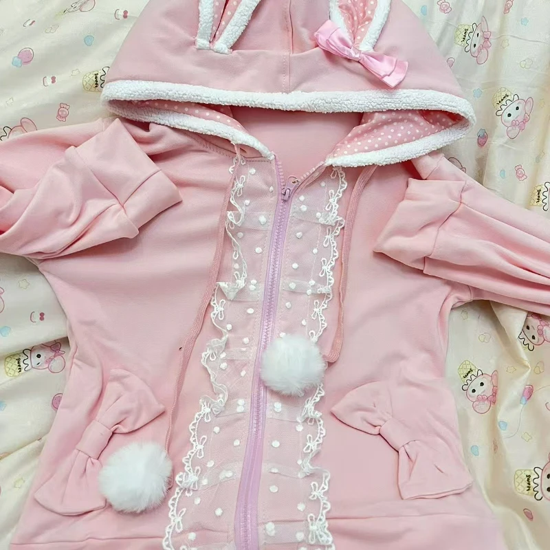 Japanese Kawaii Polka Dot Rabbits Ears Hoodies Bow Pocket Lace Patchwork Women Sweet Hoody Y2k Aesthetic Pink Zipper ​Sweatshirt view 6