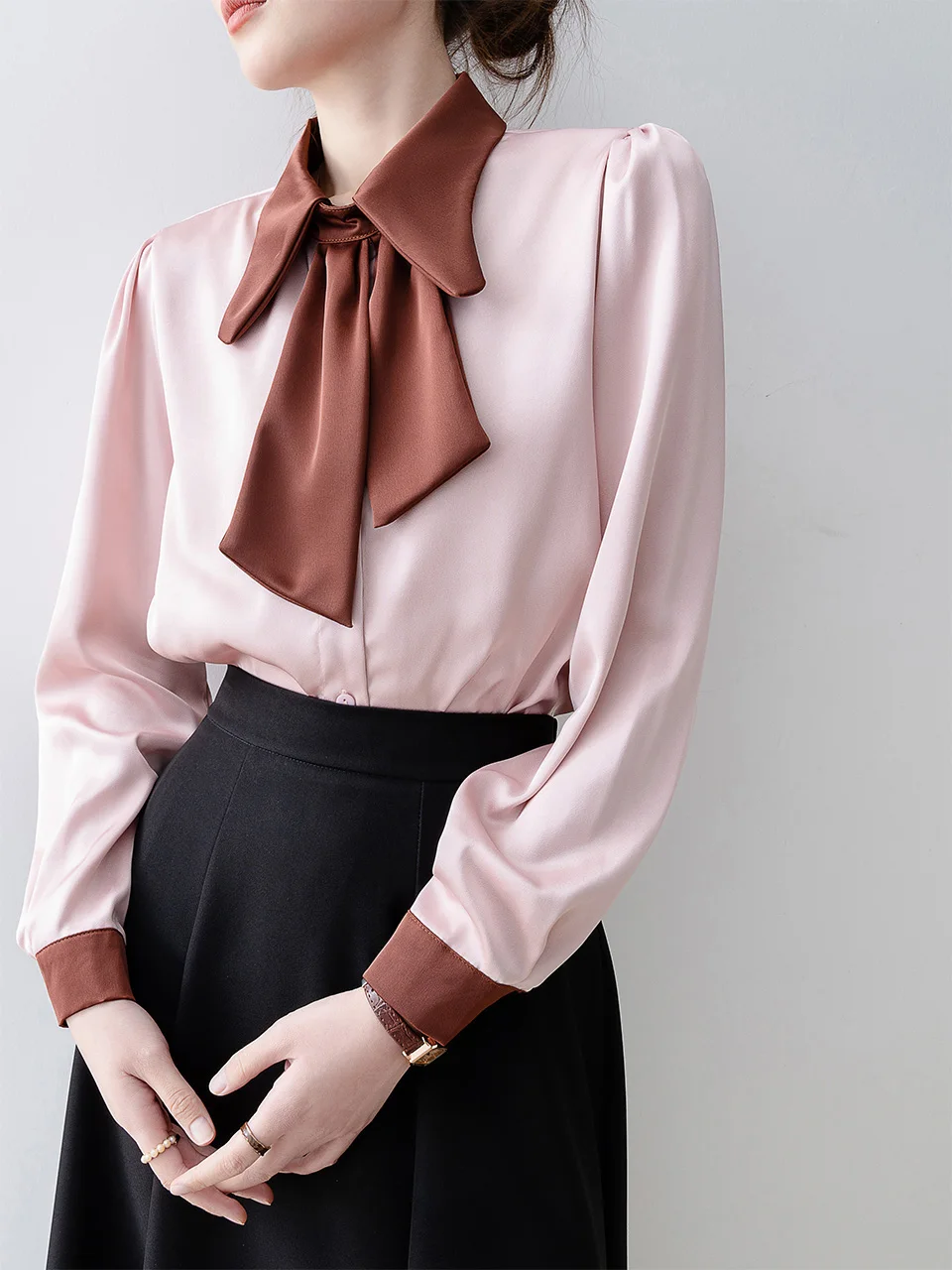 Spring 2024 New Women Tops Clothing French Pink Stitching Bow Tie Polo Collar Single-Breasted Long Sleeve Casual Blouses Shirts