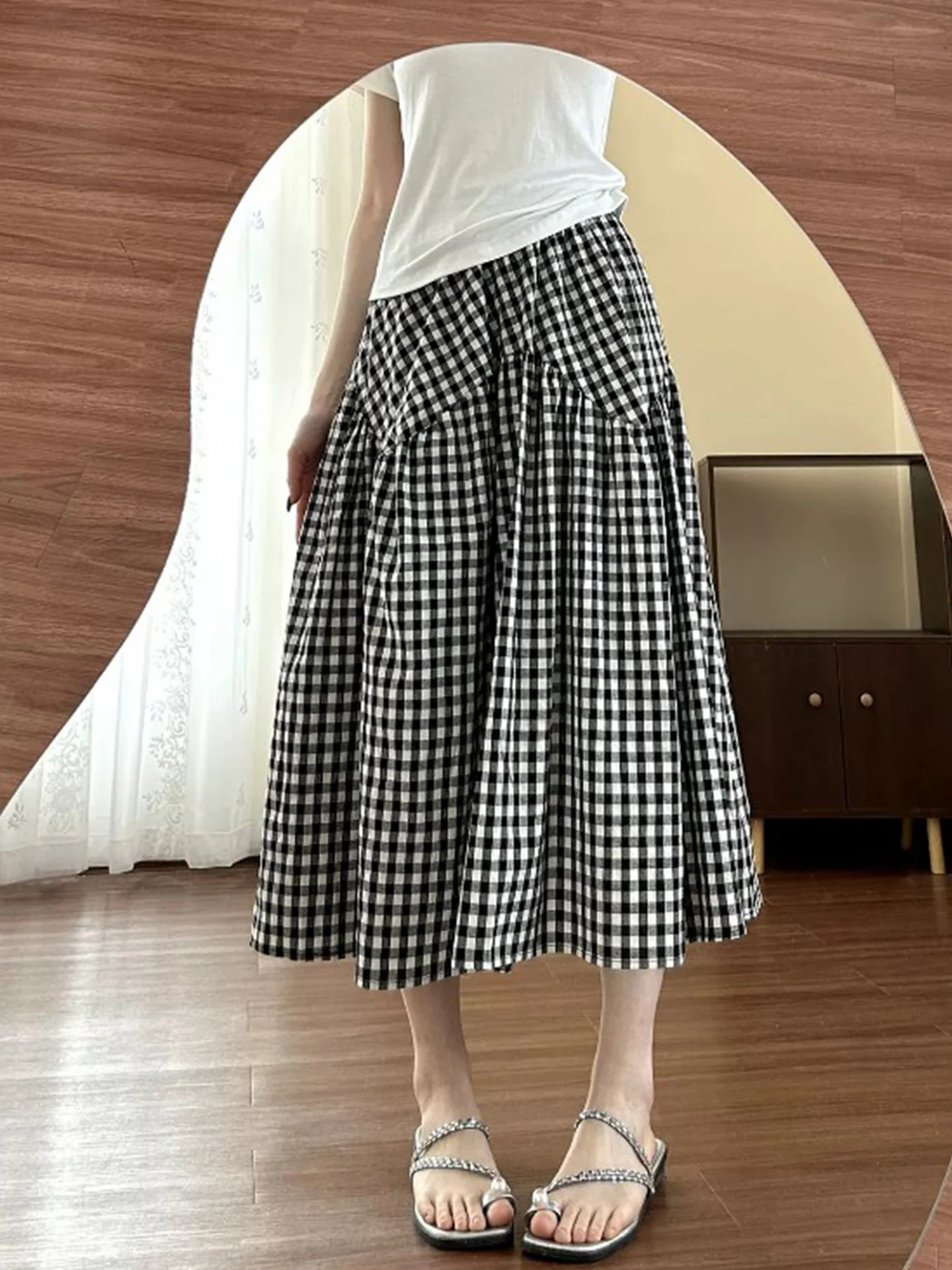 plus Size Plaid A-Line Midi Skirt Women's Summer 300 Pounds Forest System Countryside Style Long Half Skirt Full Swing