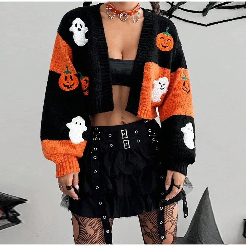 Halloween Knit Embroider Cardigan Ghost Pumpkin Pattern Knitted Cardigan Autumn Vintage Long Sleeve Patchwork Women Crop Sweater