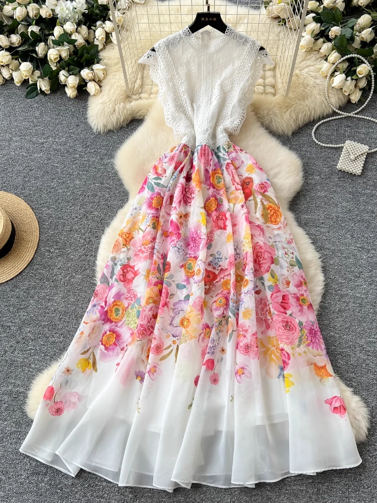

France Elegant Vintage Palace Evening Dress Women Lace Hollow Out Print Long Party Dress Female Casual Chic Festival Clothing