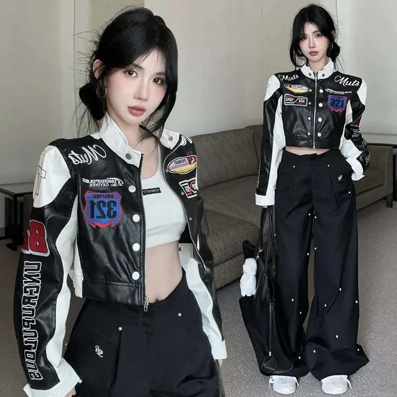 2025 Spring Autumn Coat American Street Hot Girl Motorcycle Couple Leather Jacket PU Leather Embroidered Baseball Uniform Jacket