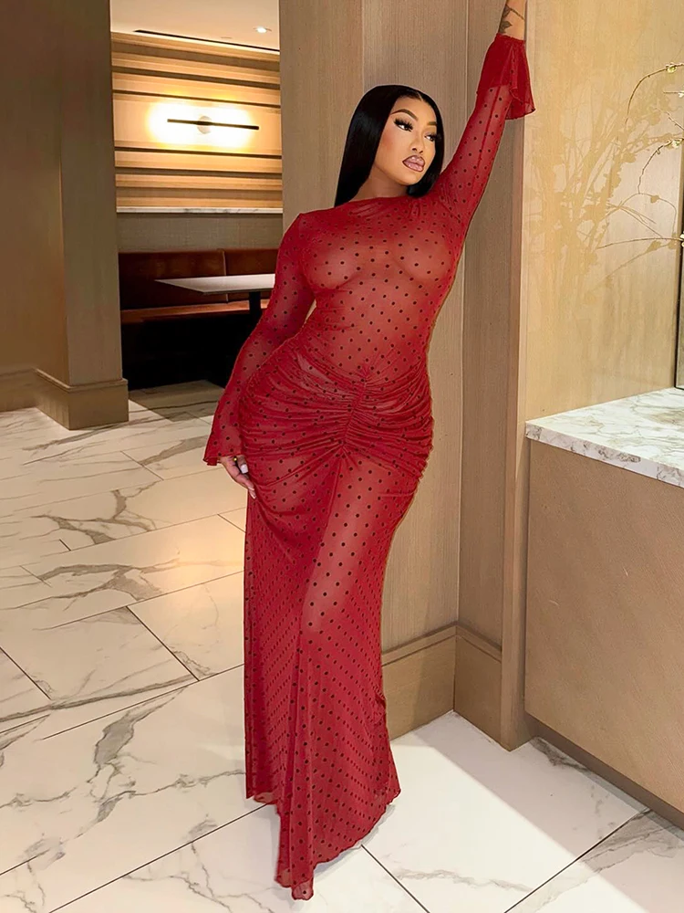 Cutenw Trend Sexy Dünnes Polka Dot Kleid Frauen Schmetterling Ärmel Welle Rand Geraffte Pfirsich Hüfte Klassische Elegante Stretch Dünne Bodycon