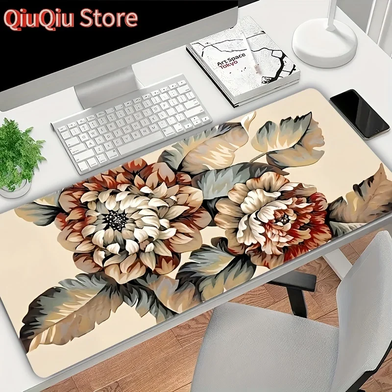 حصيرة مكتب كبيرة جدًا ذات طابع زهور، وسادة ماوس مطاطية متينة مضادة للانزلاق، خياطة حافة دقيقة، زهرة ملونة عالية الوضوح