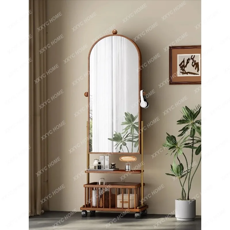 XX Solid Wood Full-length Mirror Rotatable Magazine Rack Fitting Storage Full-length Mirror Movable Household Bedroom Hanger