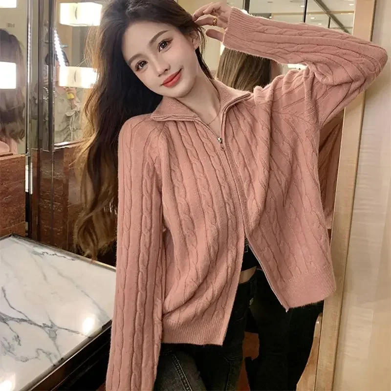 Double Zippered High Neck Knitted Cardigan Sweater for Women Autumn and Winter Loose Fitting American Style Inner Jacket Top Ins