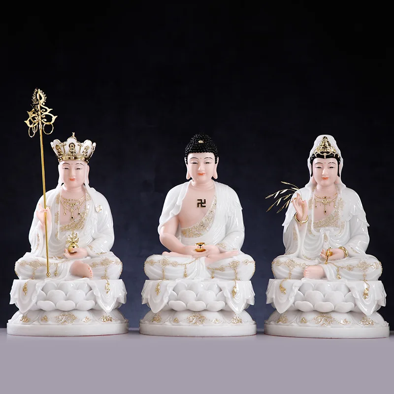 

Прямая поставка, белый нефритовый порошок, позолоченная статуя Будды Шакьямуни, домашний декор
