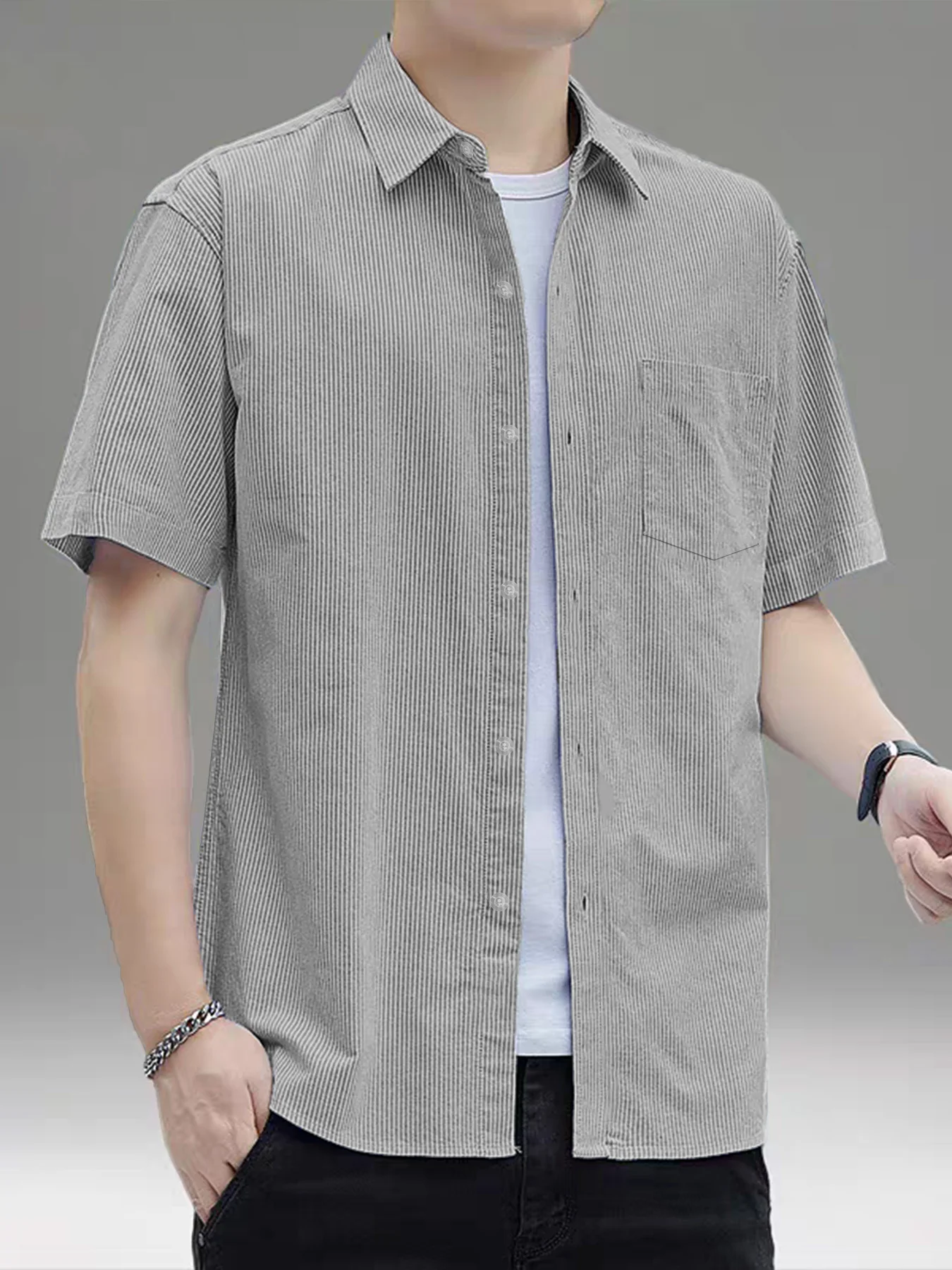 قميص رقيق مخطط بأكمام قصيرة، قميص رجالي عصري كاجوال بأكمام قصيرة لفصل الربيع والخريف