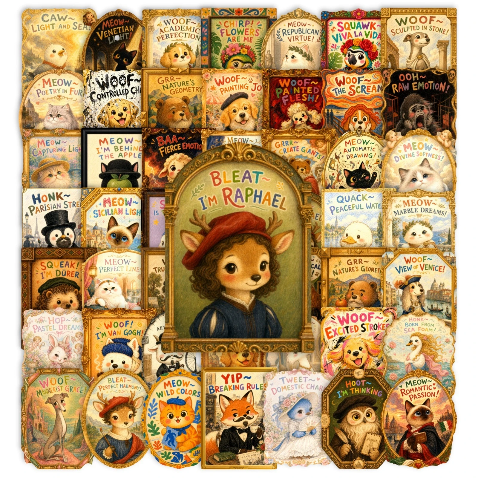 50 Pcs Cartoon Cute Pet Vintage Painting Stickers Cat Dog PET Transparent Waterproof Decals for Journal Laptop Phone Case Gift