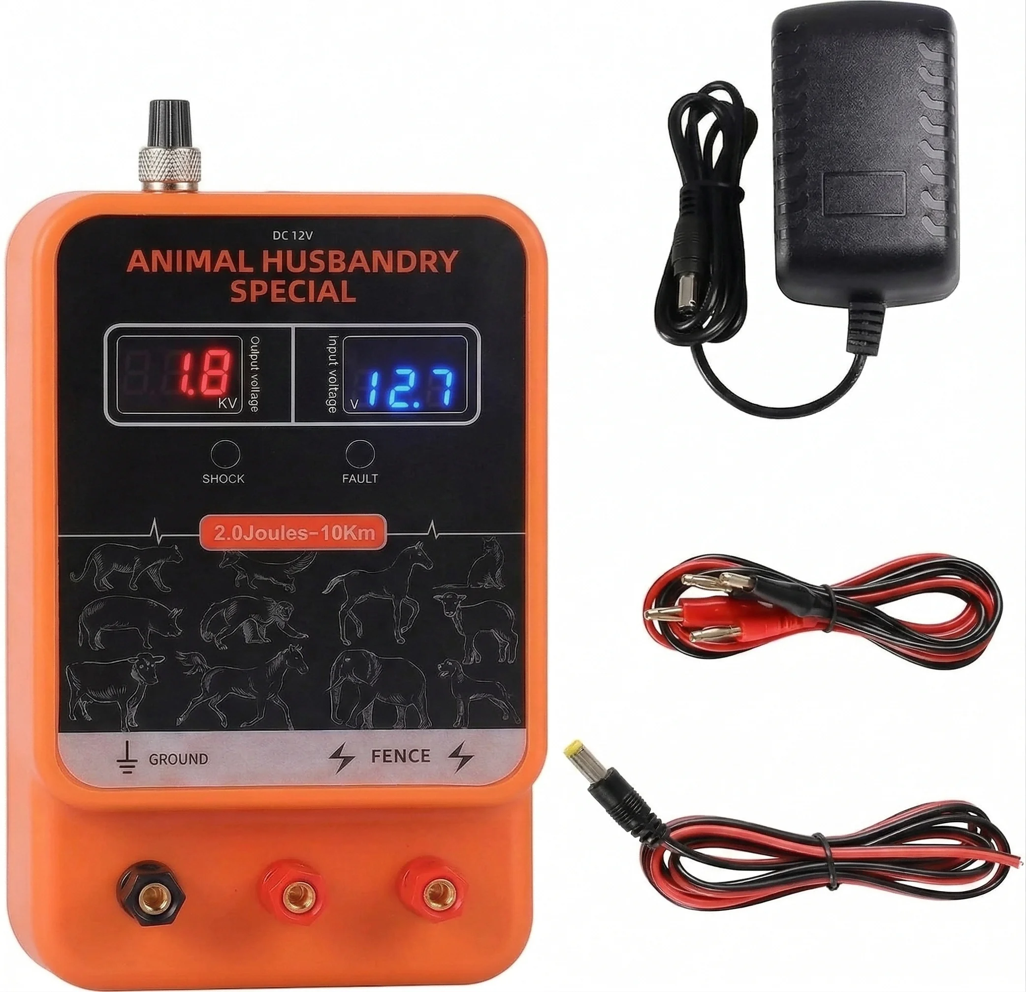 Electric Fence Charger Energizer 2 Joules 10KM AC DC 2 in 1 Powered Supply Input 12V Output 8 KV to 14KV with Display