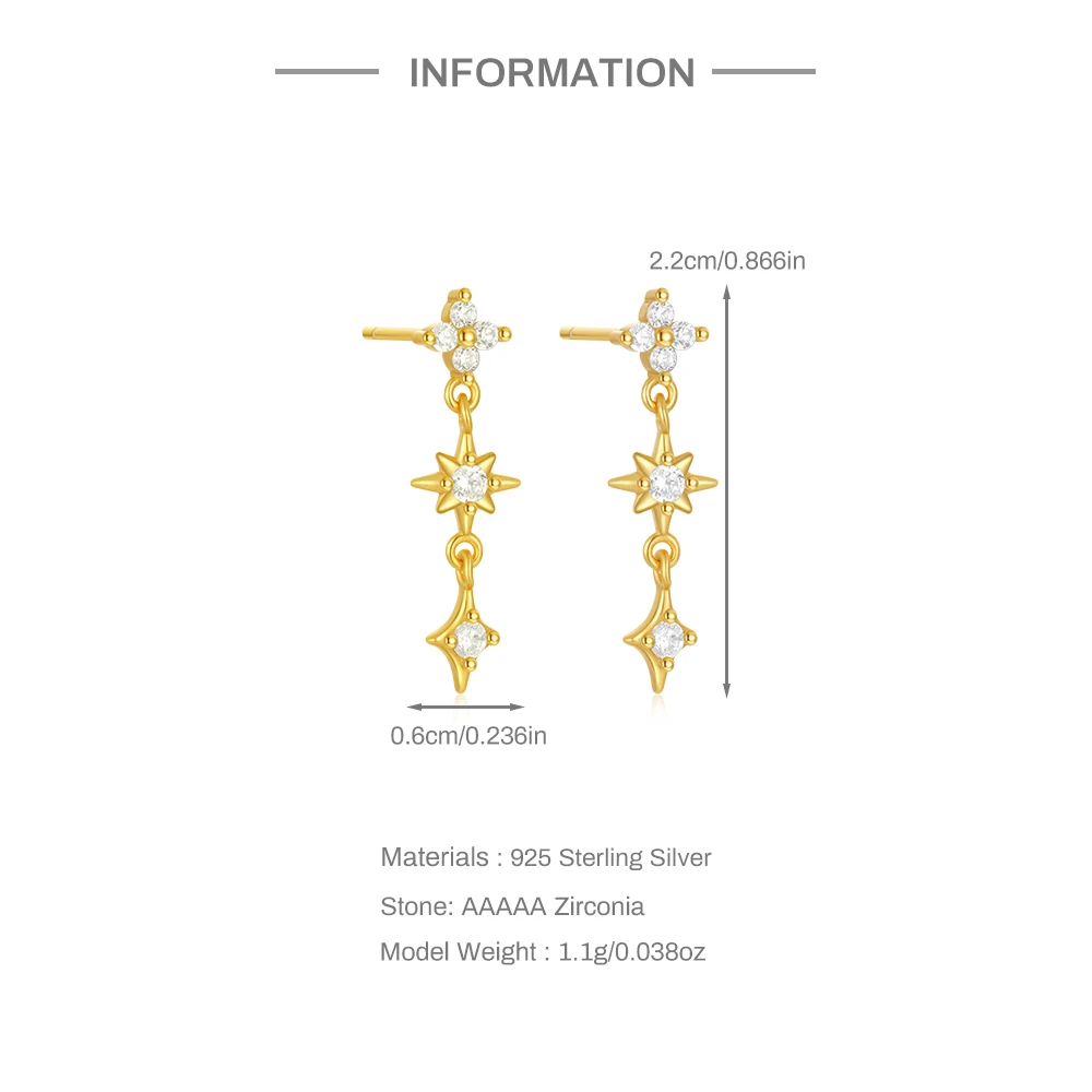 CANNER Eight Pointed Star Tassel Long Chain Zircon 925 Sterling Silver Drop Earrings For Women Star Moon Minimalism Fine Jewelry