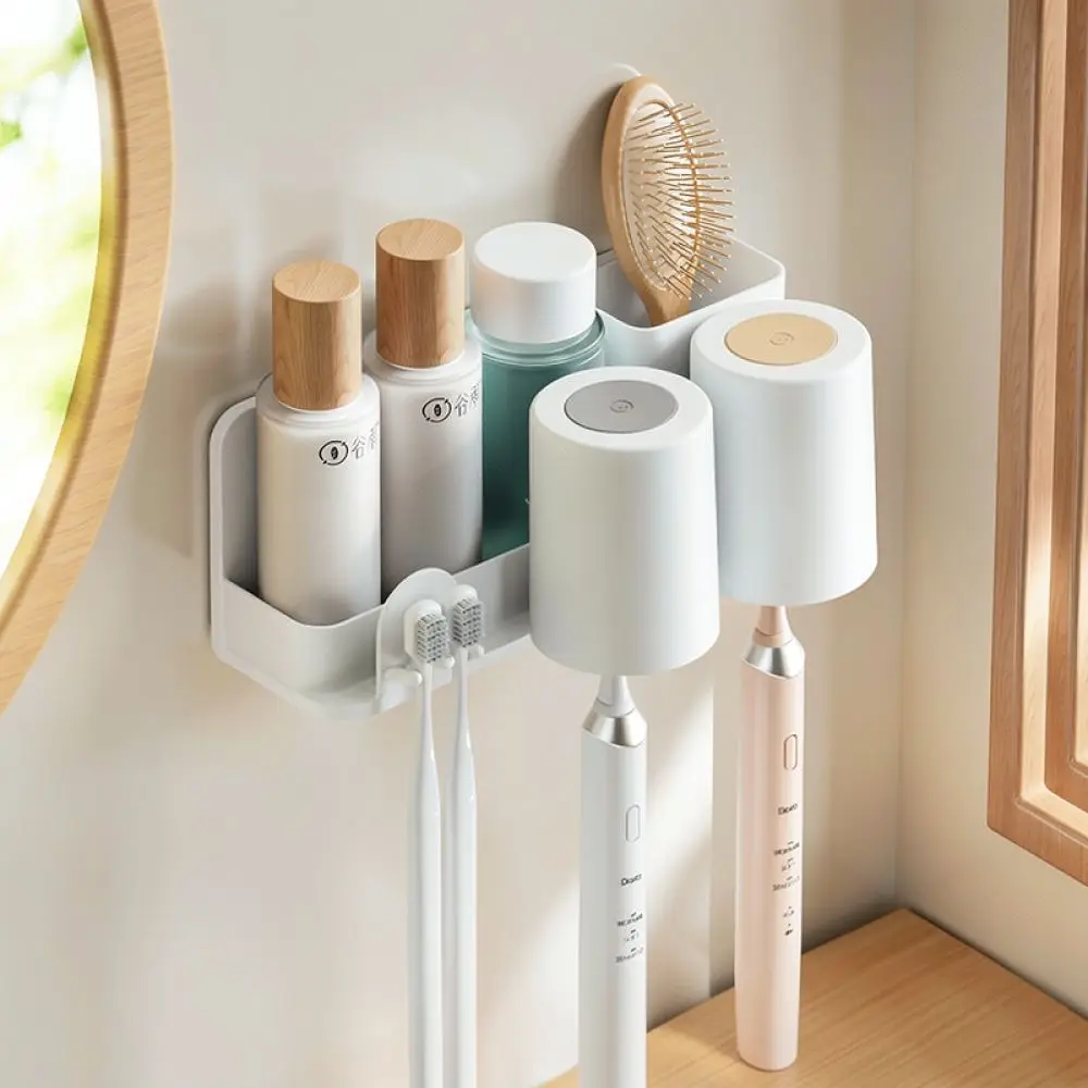 Modern Bathroom Organizer Toothbrush Holder Wall Mounted Punch Free Storage Rack For Gongqin Plastic Washroom Shelf