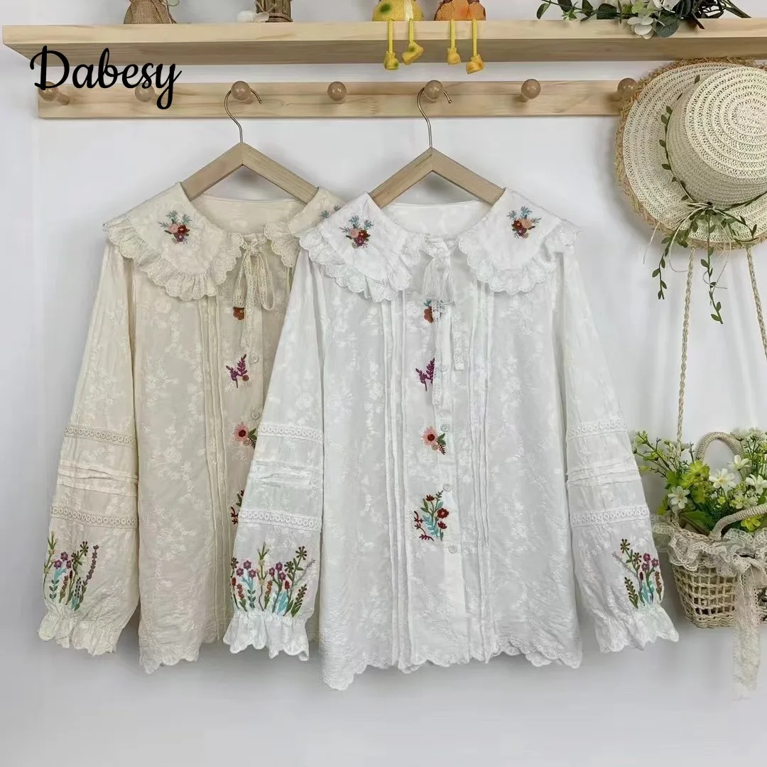 Japanese Big Peter Pan Collar Lolita Blouses Women Vintage Embroidery Preppy Style  Long Puff Sleeve Shirt Mori Girl Kawaii Tops