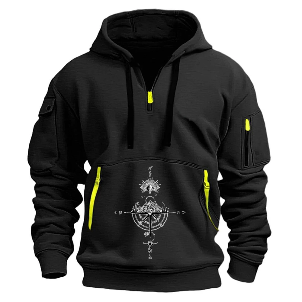 2025 Spring Autumn Man's Retro Compass Logo Print Lightweight Easy to Carry Coat Suitable Travel Personality Fashion Hoodies