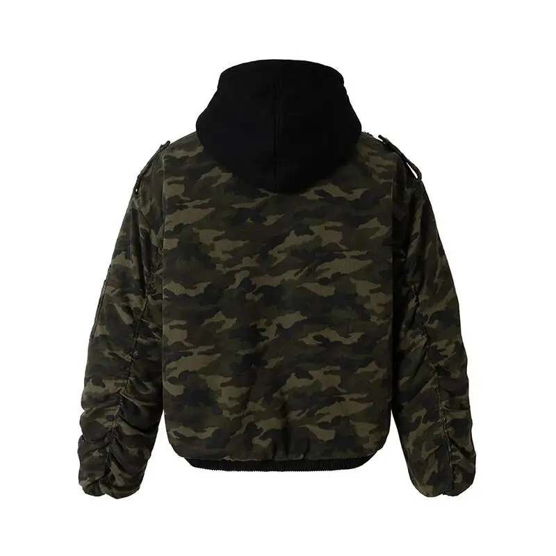 Fake Two-Piece Men Hooded Cotton Jacket Winter New Hign Street Camouflage Contrast Color Warm Zipper Padded Coat CDE4