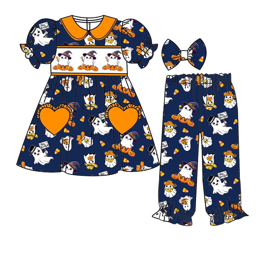 Boutique Girls' Sets Lapel Puff Sleeves Trousers Halloween Love Pocket BOO Pumpkin Bow Ghost Print custom wholesale