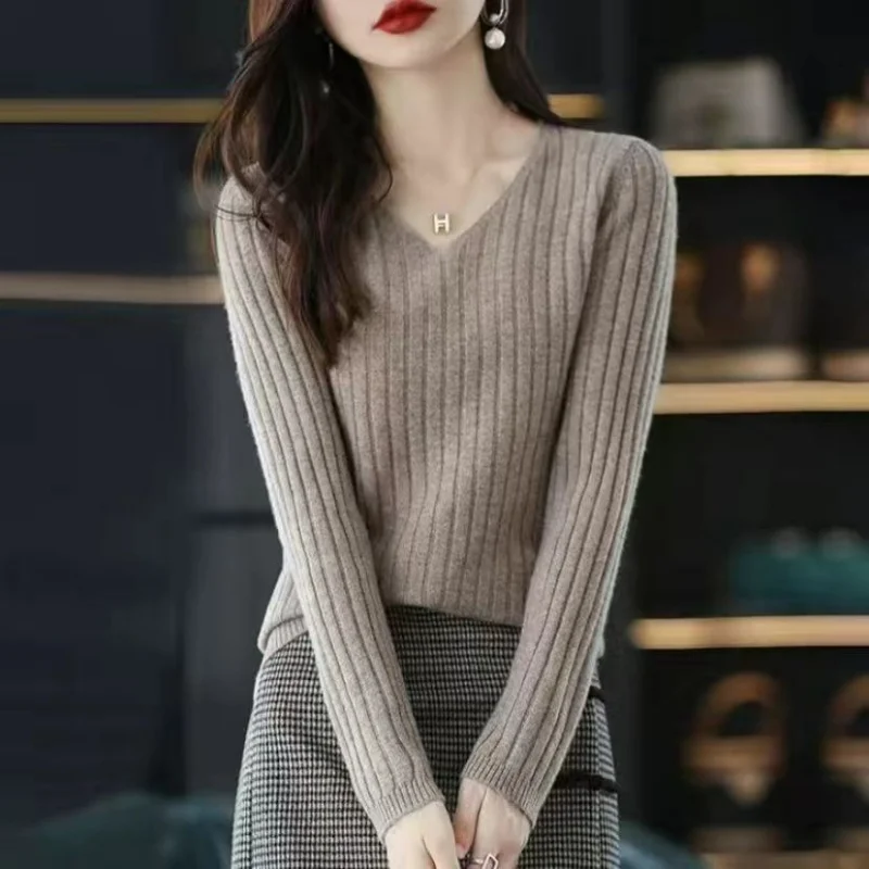 Fashion Women Clothing Long Sleeve Sweater Korean Spring Autumn V-Neck Versatile Loose Casual Basic Solid Knitted Pullovers Tops