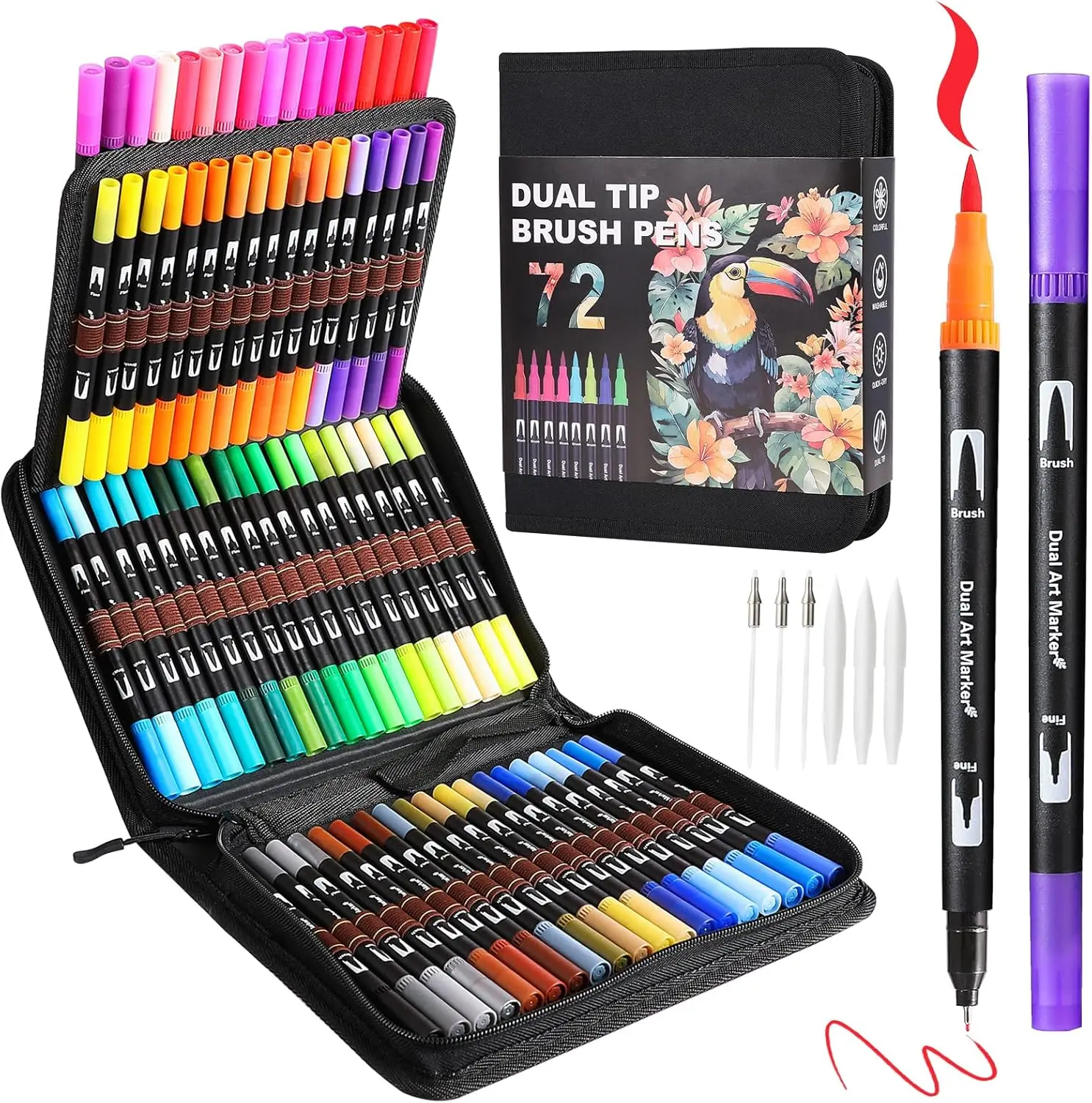 

Dual Tip Art Markers Set with Brush & Fine Nib for Adult Coloring, Calligraphy, and Drawing - 72 Colors Kit