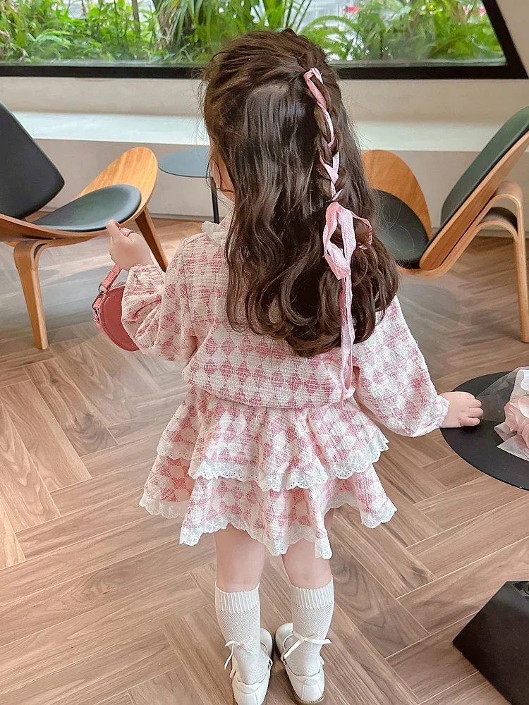 Korean Spring Children Girls 2pcs Clothing Set Cotton Diamond Check Design Pullover Sweet Cake Skirt Toddler Kids Suits  TR17