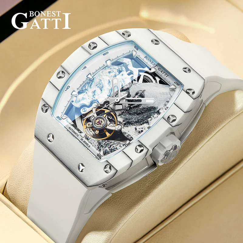 

BONEST GATTI Men Automatic Watch Tonneau Carbon Fiber Mechanical Wristwatch Sapphire Mirror Luminous Skeleton Climbers Dial