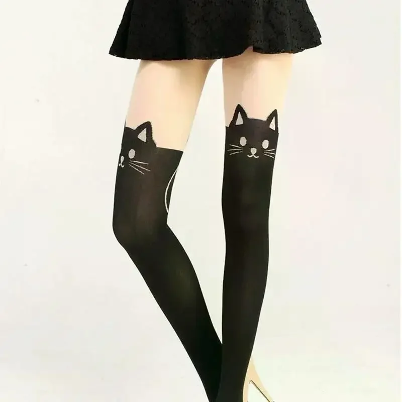 Women's Cute Black Cat Printed Silk Knee Socks Casual Thigh Cotton Warm High Over Knee Socks Cute Romantic Socks Women's Cat