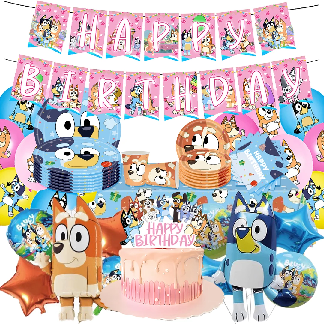 Cartoon Bluey family Dog Birthday Party dinnerware Disposable Banner Cake Topper Hanging Flag Balloons Set Birthday Decorations