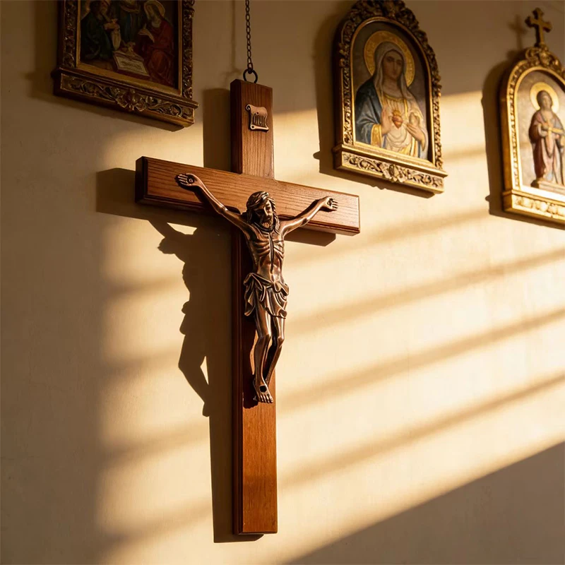 New 2026 Vintage Wooden Wall Crucifix Cross with Jesus Christ for Catholic Home Altar Prayer Devotion Christian Gift Wall Decor