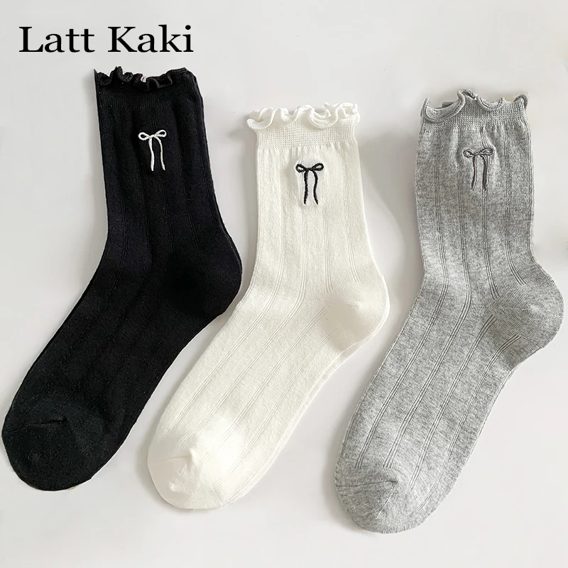 3 Pairs/Lot Woman Socks Set New Fashion Solid Color Embroidery Socks Bow Simple Style Breathable Frilly Ruffle Socks Girls Thin