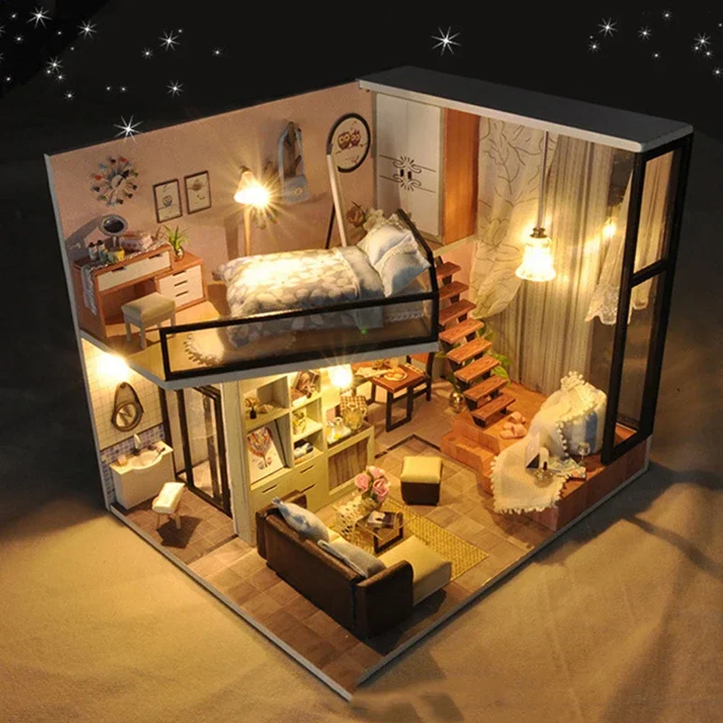 

DIY Wooden Doll House Modern Loft Casa Miniature Building Kits Dollhouse With Furniture Lights Villa for Girls Birthday Gifts