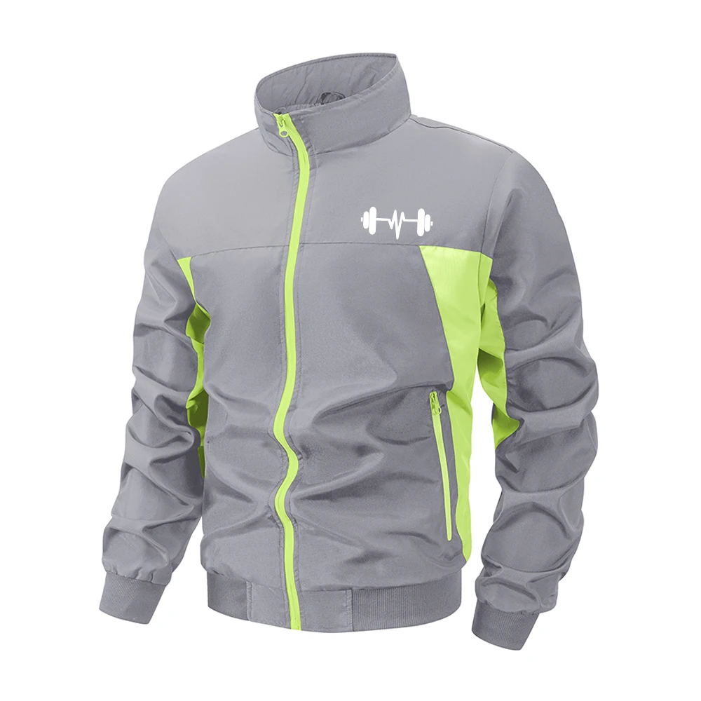 Men's Casual Trendy Dumbbell Print Zipper Stand Collar Jacket Outdoor Fitness Running Jacket Breathable Color Block Sports Top
