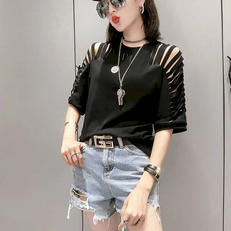 2024 Summer Trendy T Shirts Women Strapless Temperament Goddess Style Loose Bat Shirt Fashion Hole Short Sleeve Tshirts Woman