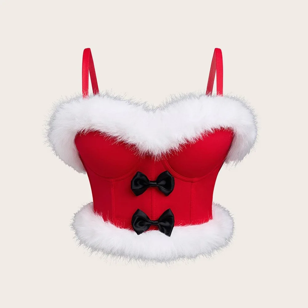 Christmas Corset Bustier for Women Furry Trim Bow Spaghetti Strap Xmas Tops Holiday Party Role Play Outfit Sexy Santa Costume