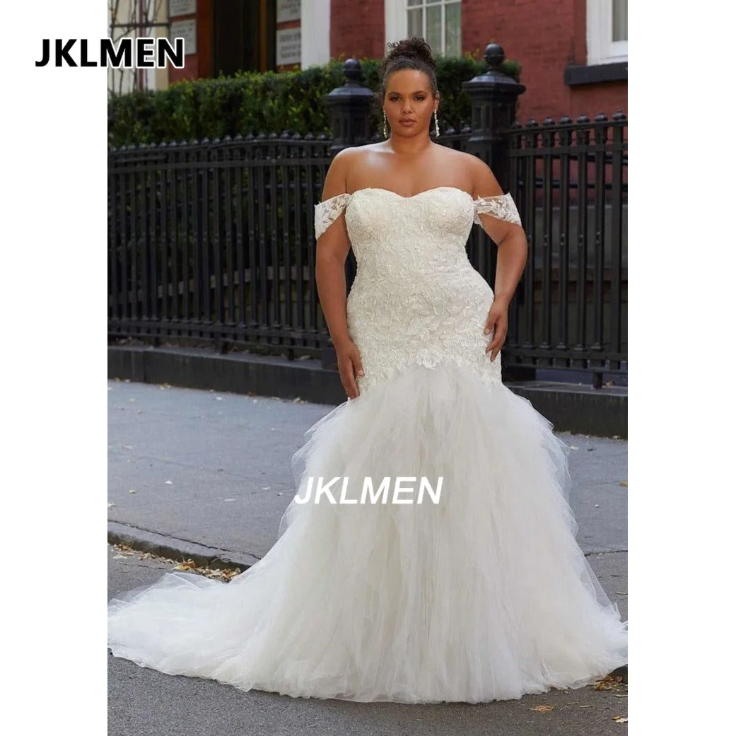 

Off-the-shoulder Lace Appliques Beaded Mermaid Wedding Dresses Lace up Back Ruffle Tulle Bridal Gown