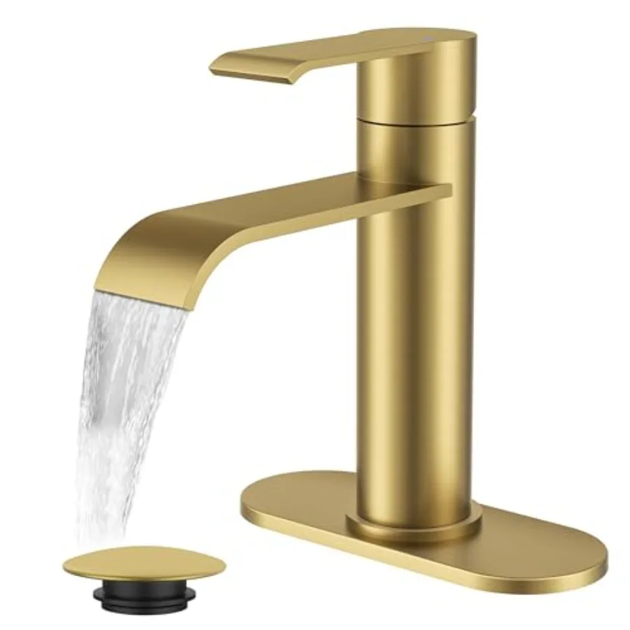 

Bathroom Faucet Single Hole Waterfall Faucet for Bathroom Sink 1 Hole with Deck Plate Single Handle Vanity Tap with Pop-up Drai