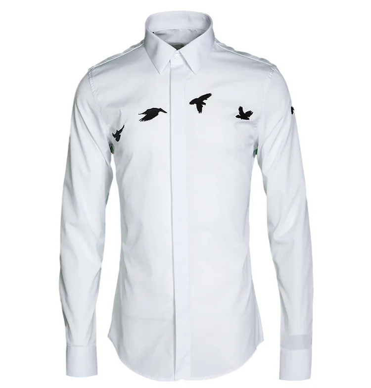 Autumn and winter European style Little Flying Pigeon Embroidered Long sleeved Men's Shirt Trendy Brand Shirt