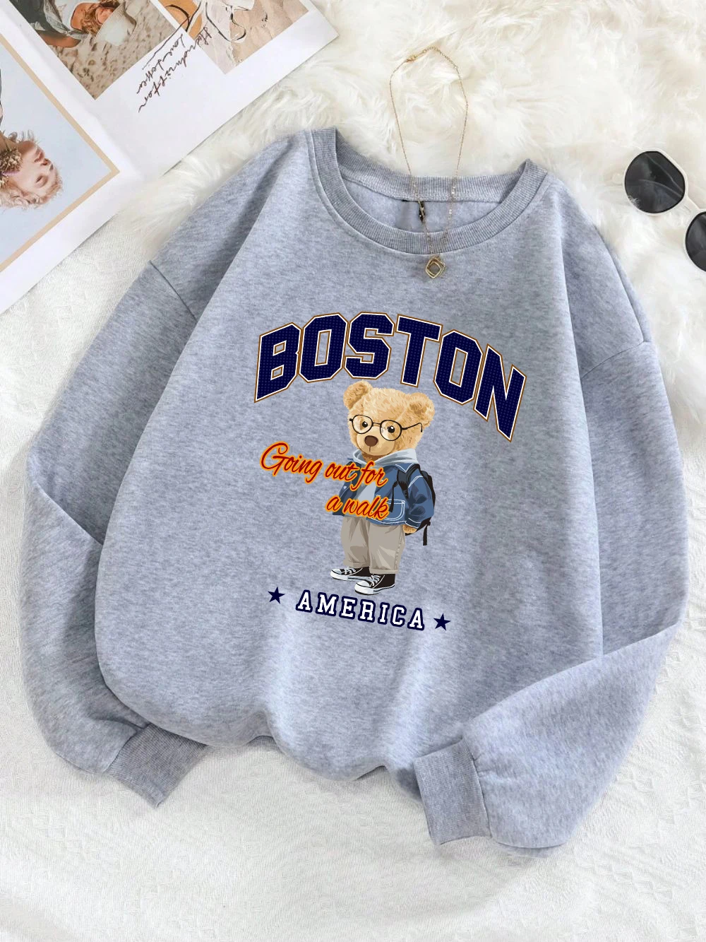 

Street Men Woman Sweatshirts Boston Cute Bear Printing Pullover Crewneck Fleece Warm Breathable Hoodie Autumn Couple Clothes