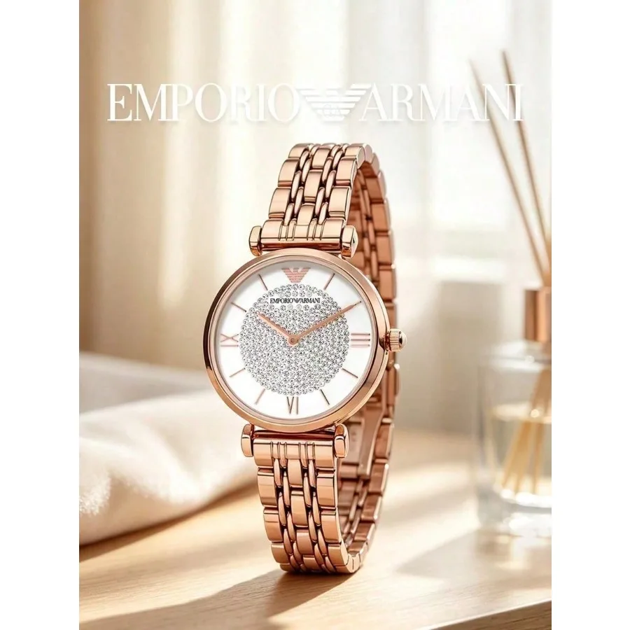 Emporio Armani Women Watch Rose Gold Case Crystal Paved Dial Roman Markers Rose Gold Steel Band Quartz Wristwatch for Gift