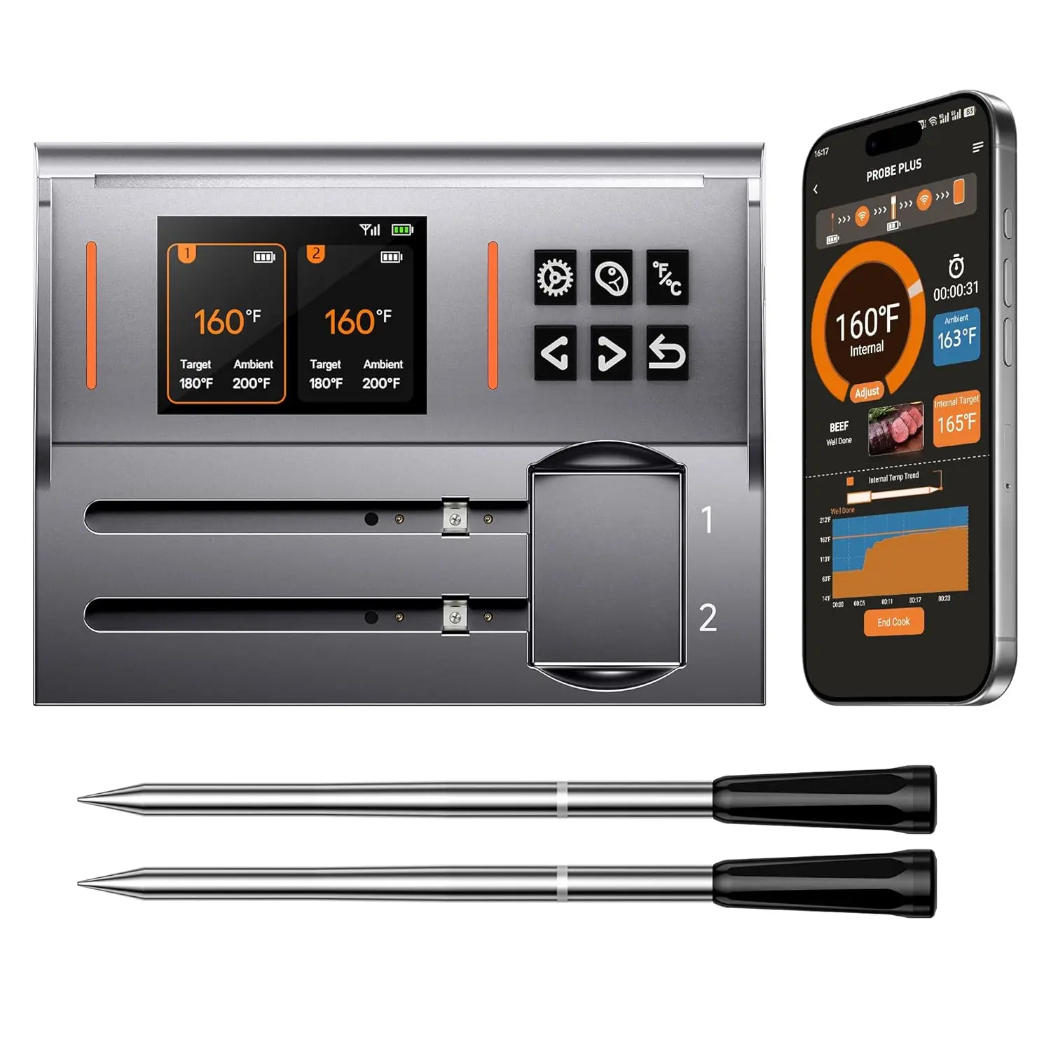 

Dual-Probe Wireless Meat Thermometer with Bluetooth, Real-Time Tracking for Grill, BBQ, Smoker on iOS and Android