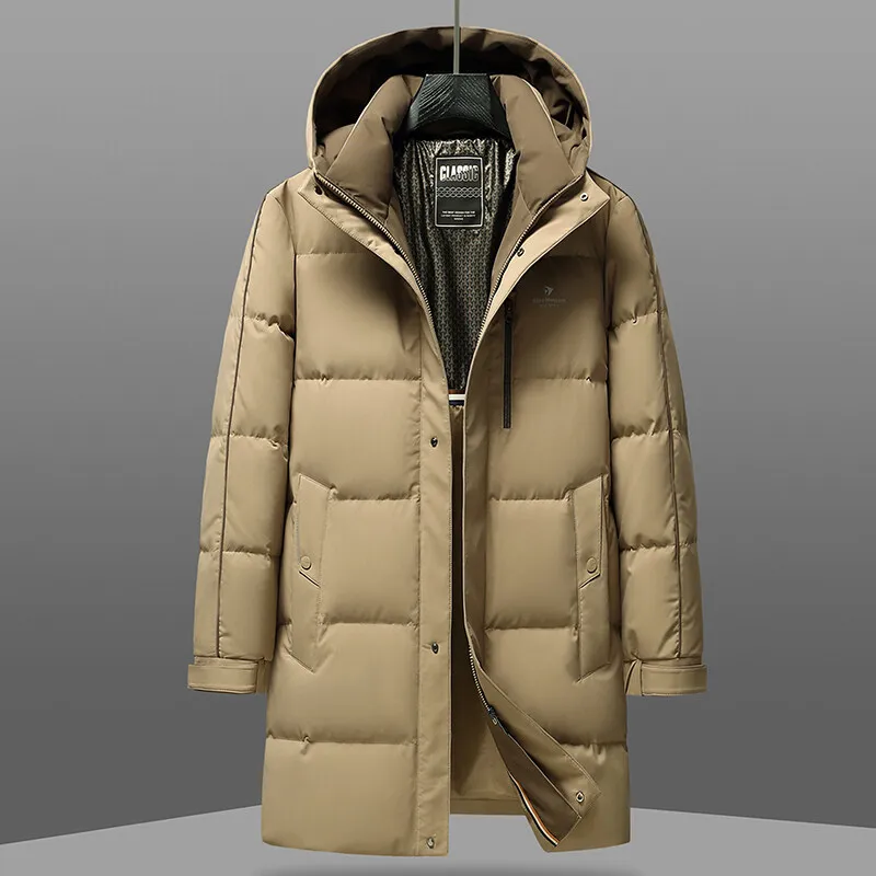 Men's down jacket, white duck down filling, long and thick warm top coat, autumn and winter casual cold-resistant coat