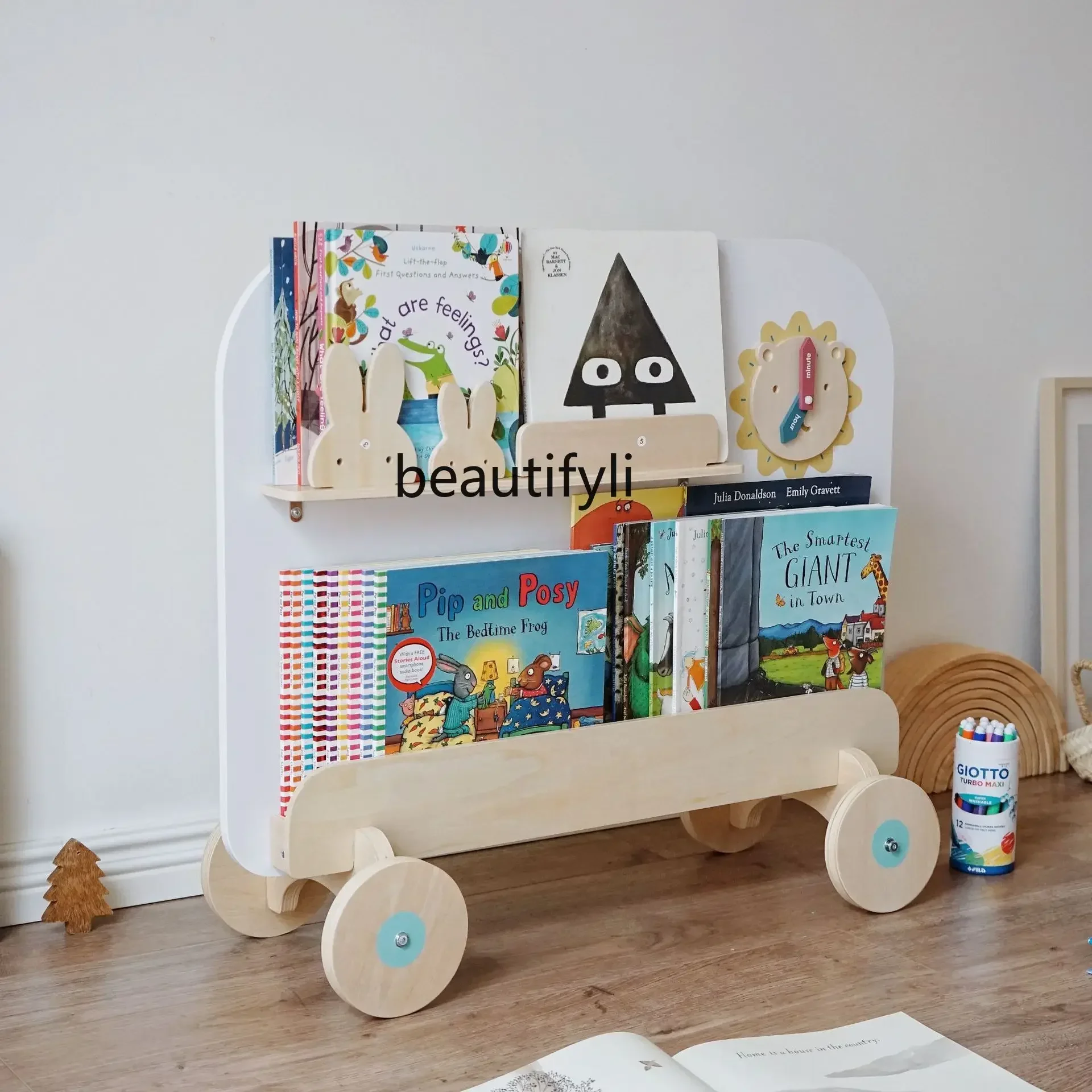 Estantería sencilla para libros con imágenes de bebé, pequeño juguete de almacenamiento de lectura de libros multicapa de suelo a techo, carrito móvil dos en uno