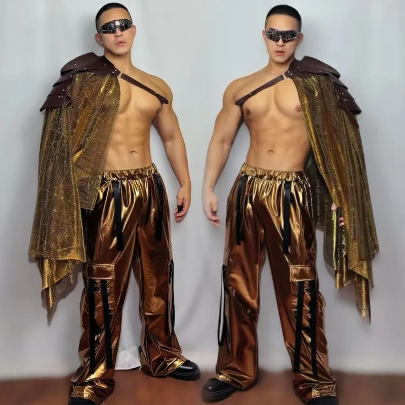 

Nightclub DJ Gogo Dancer Costume Men'S Pole Dance Clothing Tech Style Gold Cloak Pants Stage Performance Rave Outfits XS11301