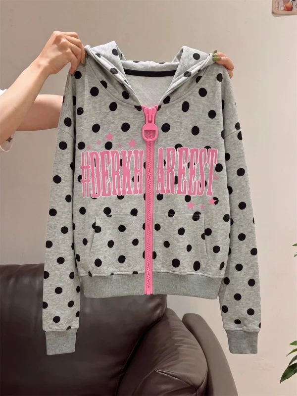 Women's Fleece Lined Hooded Sweatshirt Spring Autumn Winter Plaid Design Zipper Cardigan Outerwear Korean Style Loose Fit