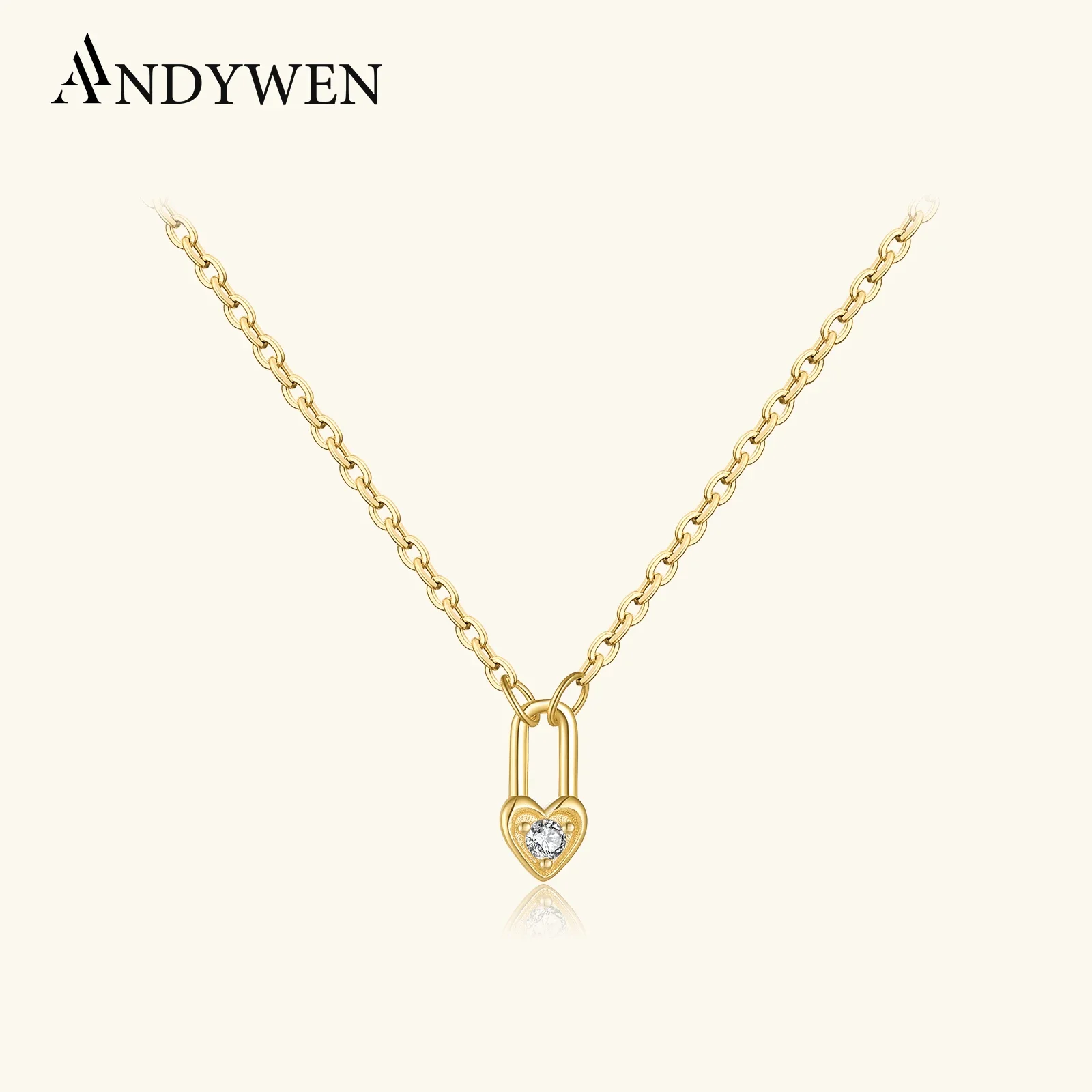 

ANDYWEN 925 Sterling Silver Square Heart Padlock Necklace Women Drop Key Love Choker Luxury Wedding Jewelry 2022 Crystal